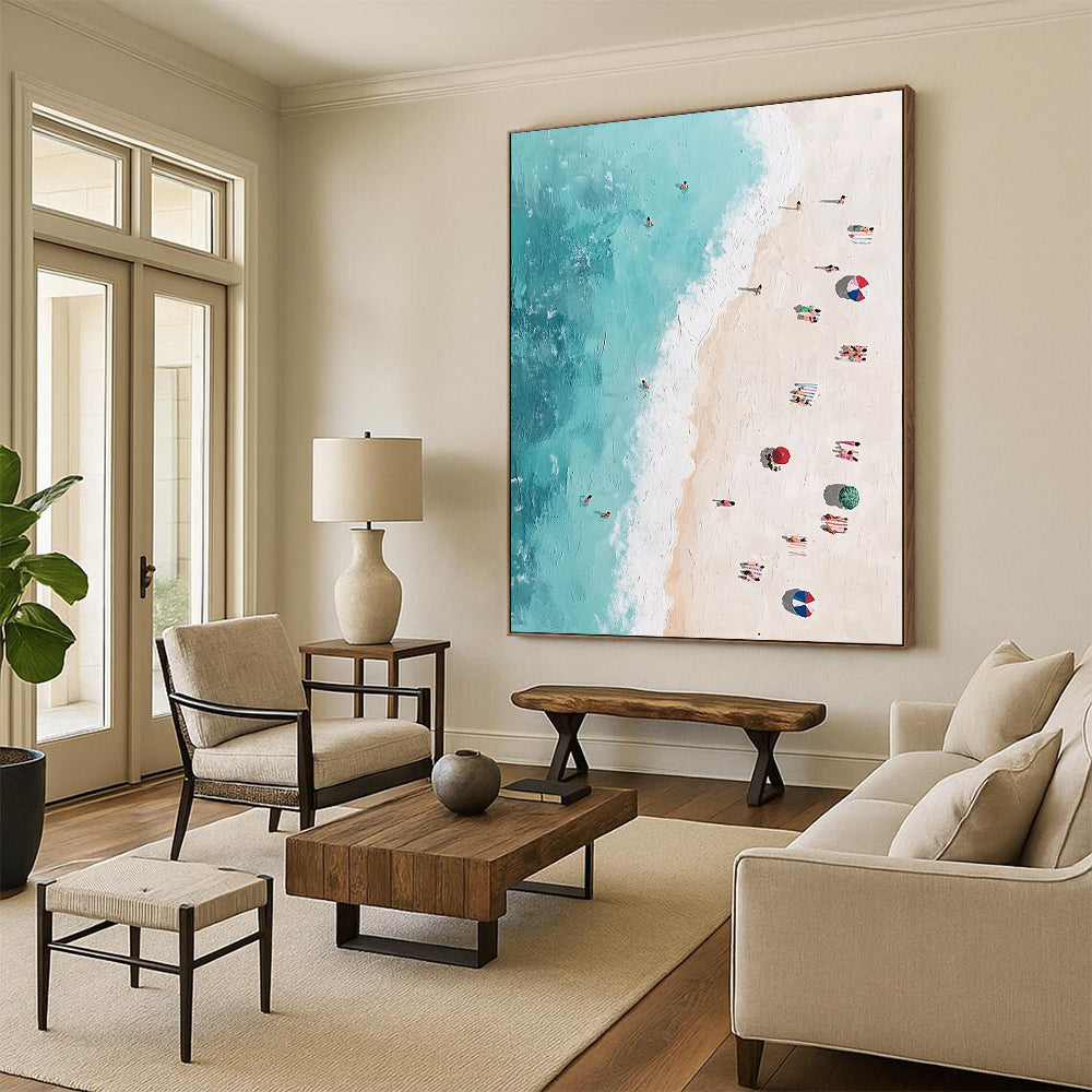 Contemporary abstract painting featuring an aerial beach view with vibrant figures soft brush strokes and pastel tones inspired by Jean-Michel Basquiat. DLZ1402