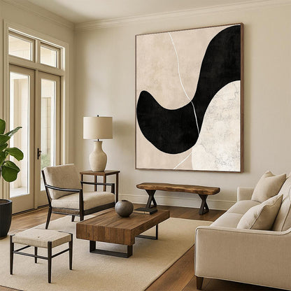 Contemporary abstract artwork featuring beige and black tones minimalist design hand-drawn lines soft edges balanced composition with depth and white line accents. DLZ0790