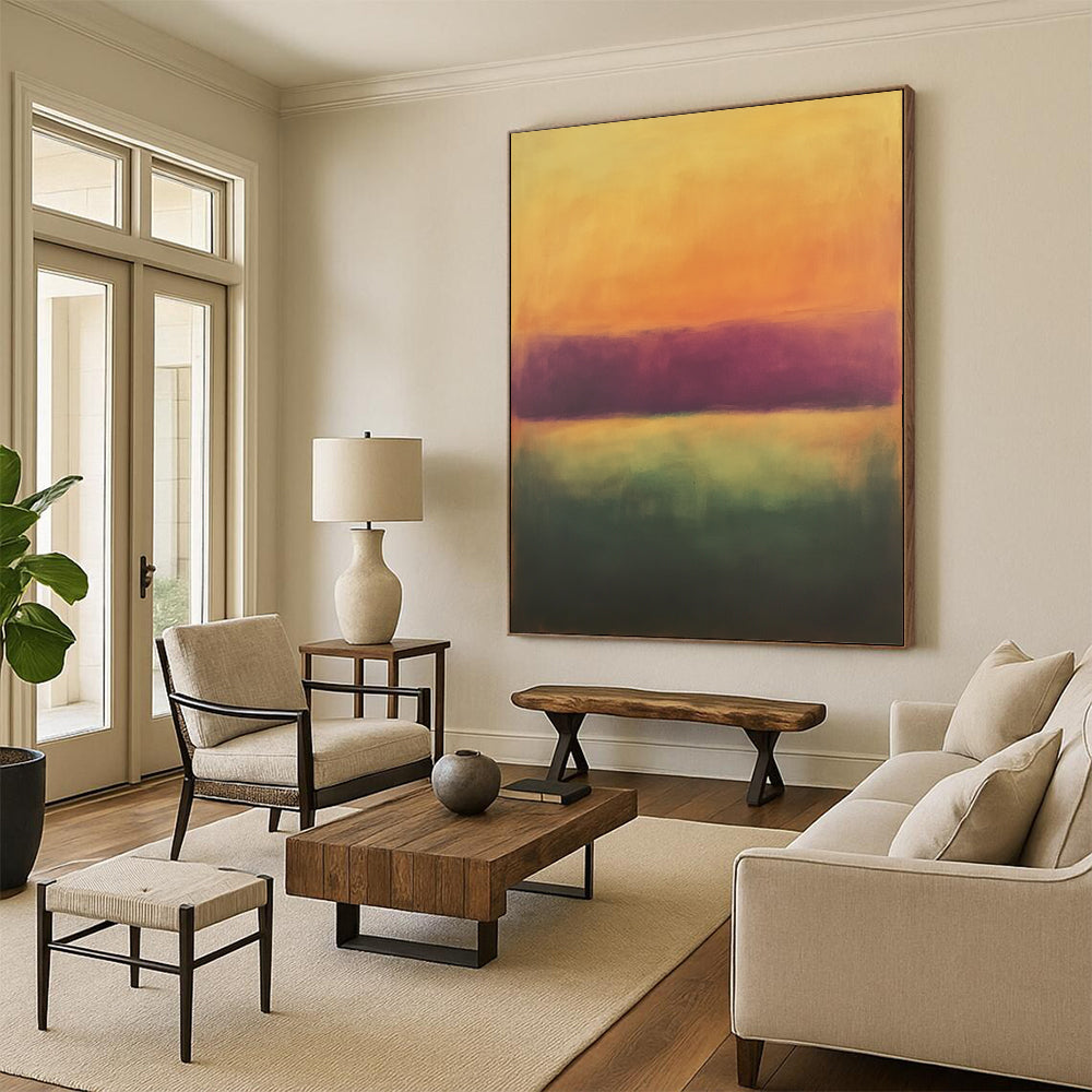 Vibrant contemporary hand-painted abstract artwork featuring soft orange and purple tones with a blurred gradient, ideal for enhancing modern spaces. DLZ0938