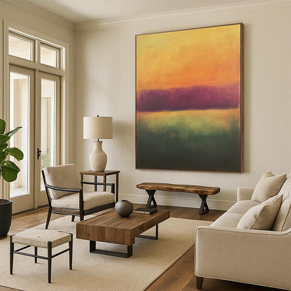 Vibrant contemporary hand-painted abstract artwork featuring soft orange and purple tones with a blurred gradient, ideal for enhancing modern spaces. DLZ0938