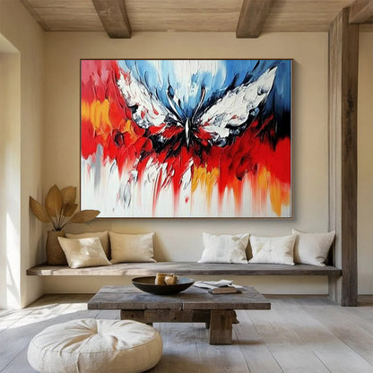 Red, Blue, White, Yellow and Gray Abstract Butterfly "Vibrant Wings" Painting On Canvas HB0418