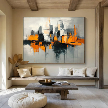 “Urban Geometry in Orange” - Orange, Gray, Black, Abstract Cubist Cityscape Painting On Canvas HB1079