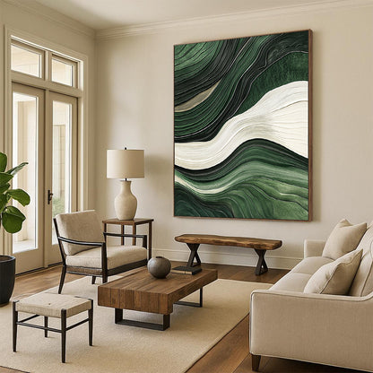 Contemporary hand-painted abstract art with flowing green and white lines, jade texture, and relief effect on a dark background, showcasing elegance and cultural heritage. DLZ0277