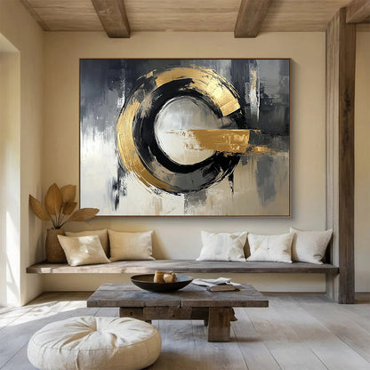 “Gold - Black Circular Abstraction” - Gold, Black, Circular Textured Painting On Canvas HB0794