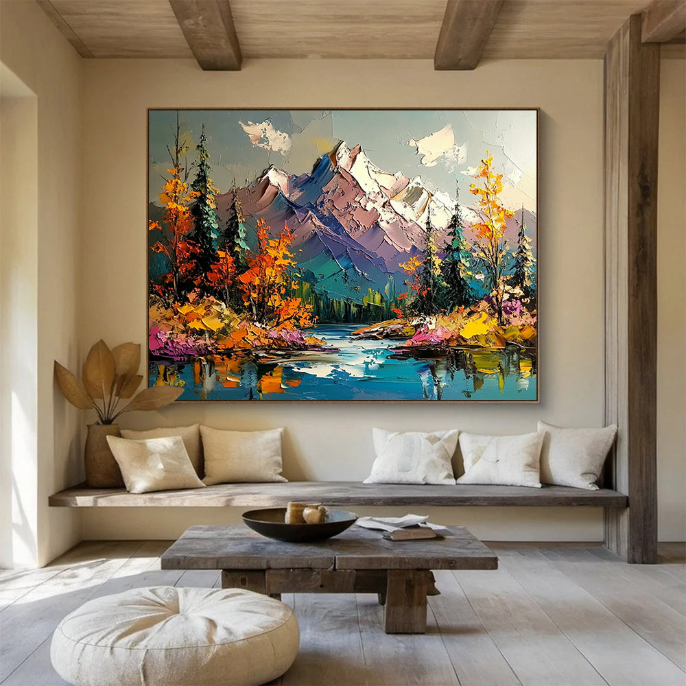 Colorful Mountain Landscape with Lake - Impasto Nature Scene Painting On Canvas HB0456