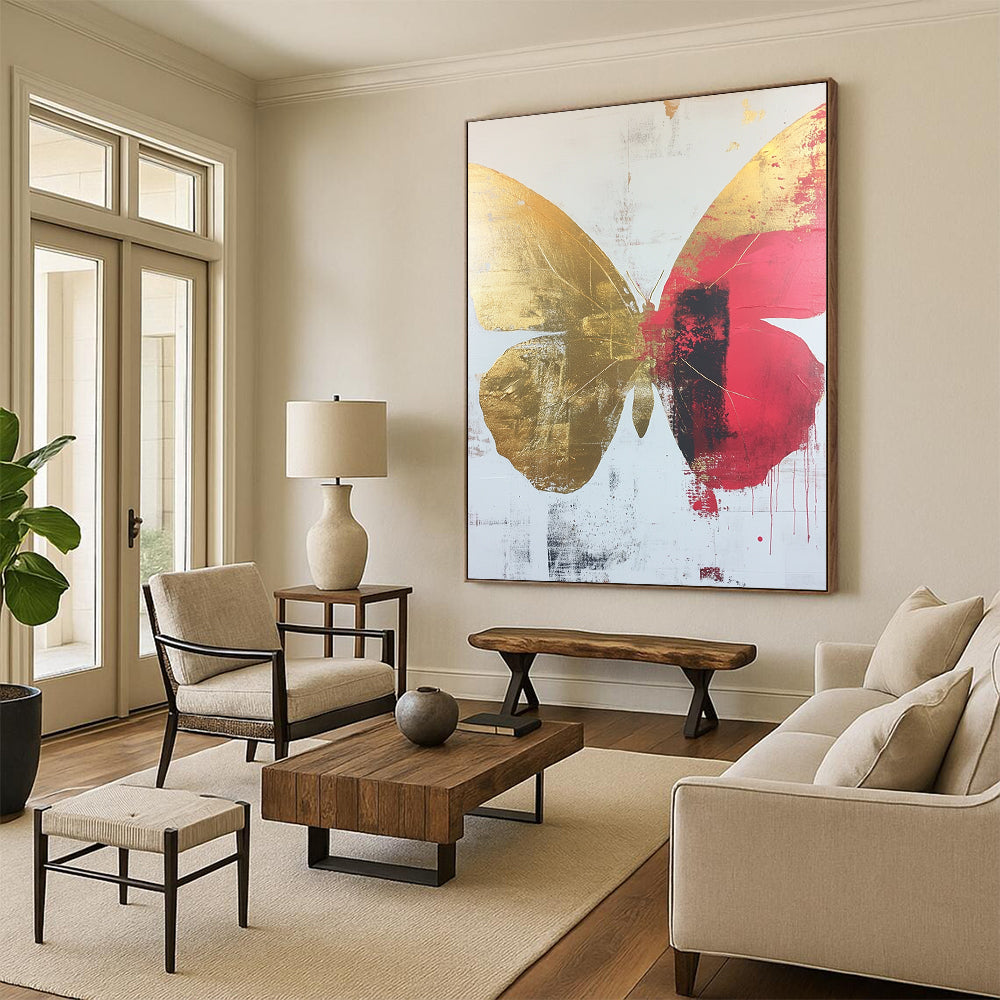 Contemporary abstract art featuring a striking butterfly design on a white background adorned with gold and red accents. Ideal for modern spaces. DLZ0369