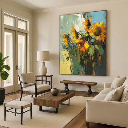 Vibrant contemporary abstract painting capturing sunflowers in a striking palette, showcasing bold brushstrokes and dynamic texture. DLZ0645