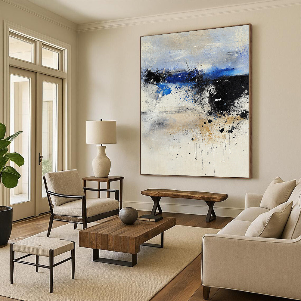 Contemporary large abstract painting featuring pale colors with dark blue and gray tones ethereal landscape textured canvas dreamlike atmosphere harmonious composition. DLZ0942