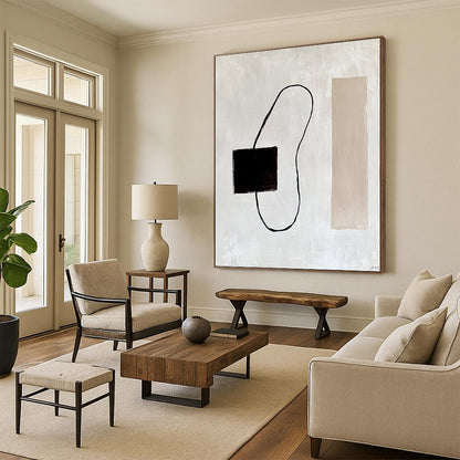 Contemporary abstract painting featuring a dark brown electrical wire on a white background with minimalist lines and a beige rectangle inspired by Matisse. DLZ1316