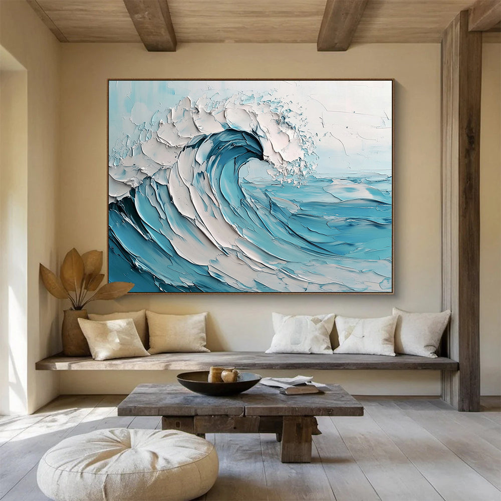 Blue and White Textured Wave "Crashing Serenity" Painting On Canvas HB0419