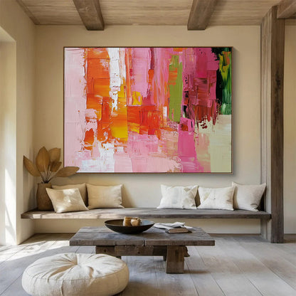 “Vibrant Urban Patchwork” - Pink, Orange, Yellow, Green, Abstract Cityscape - like Blocks Painting On Canvas HB1076