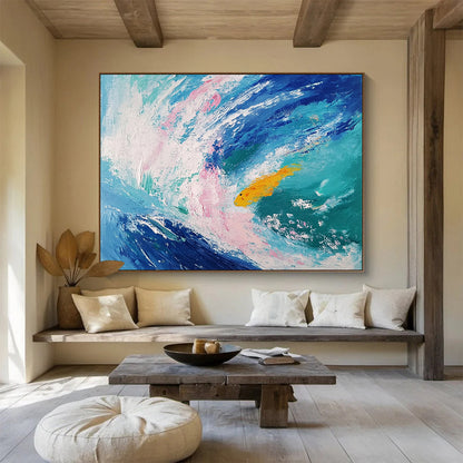 “Playful Fish in Colorful Waves” - Blue, pink, yellow; Abstract fish in waves; Expressive Acrylic Painting On Canvas HB1190