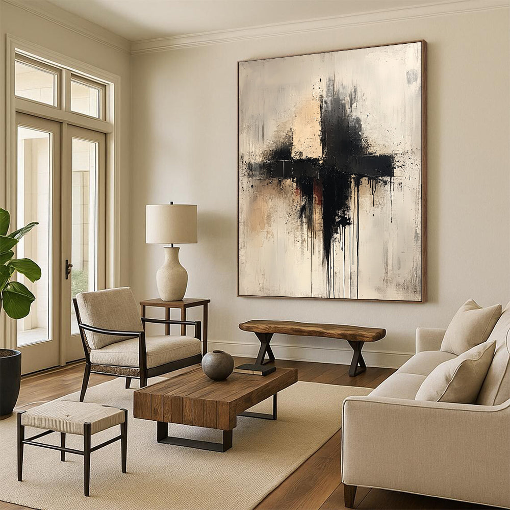 Large contemporary hand-painted abstract artwork featuring a cross in neutral tones with drips splashes and thin lines on a white background. DLZ0593