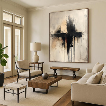 Large contemporary hand-painted abstract artwork featuring a cross in neutral tones with drips splashes and thin lines on a white background. DLZ0593