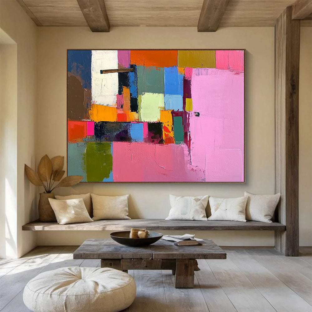 “Colorful Cubes” - Pink, Orange, Blue, Green, Abstract Cubist Blocks Painting On Canvas HB1058