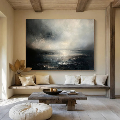 “Moody Sea Landscape” - Gray, Black, White, Atmospheric Seascape Painting On Canvas HB1001