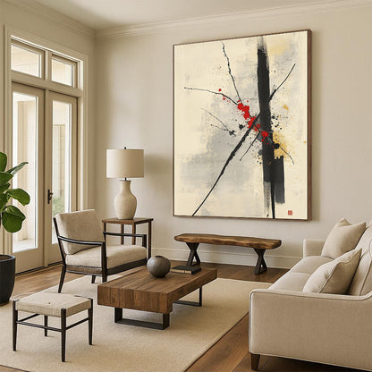 Black, Red, Gray and Beige Minimalist Branches "Splash Blossom" Painting On Canvas HB315