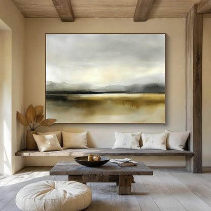 “Misty Mountain Lake” - Gray, Beige, Hazy Peaks and Reflective Water Painting On Canvas HB0927
