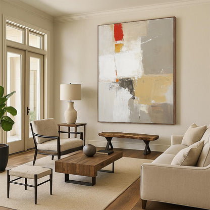 Large contemporary abstract artwork featuring textured layers in white with red and yellow accents and soft brush strokes. DLZ0919