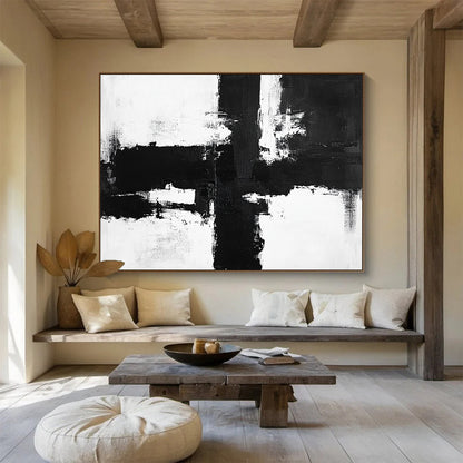 “Bold Black - White Cross Strokes” - Black, White, Dynamic Crosses Painting On Canvas HB0799