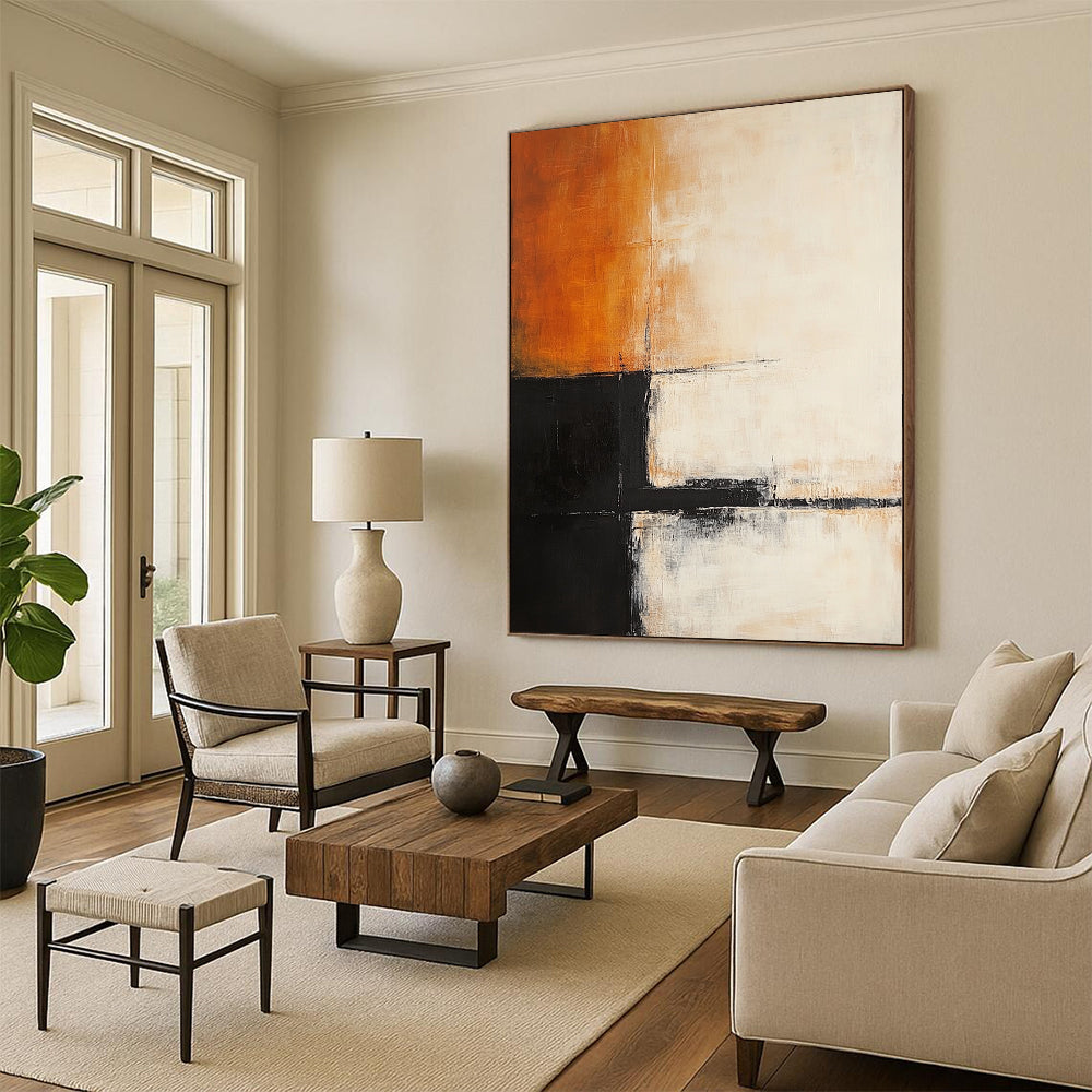 Contemporary abstract painting features soft orange, white, and black layers with architectural-like dark lines, creating depth in a minimalist style. DLZ1043