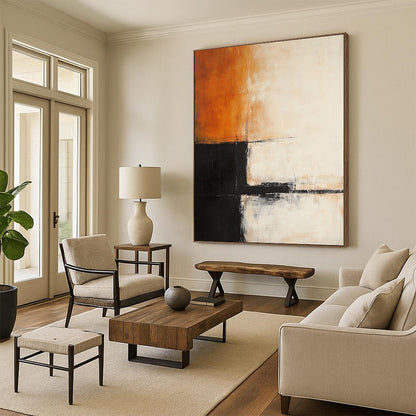 Contemporary abstract painting features soft orange, white, and black layers with architectural-like dark lines, creating depth in a minimalist style. DLZ1043