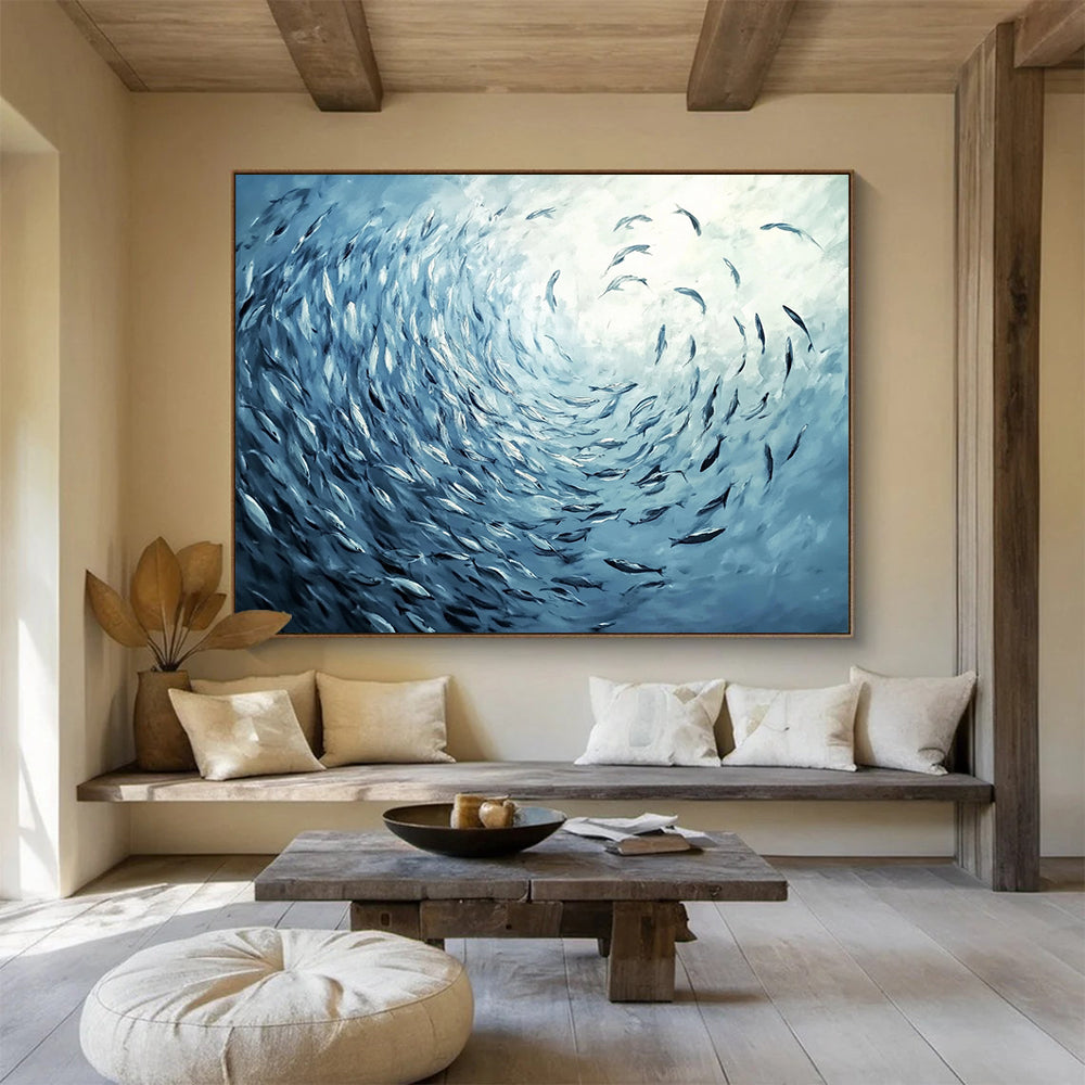 “Blue School of Fish Vortex” - Blue, Fish, Vortex Painting On Canvas HB0756