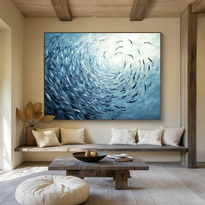 “Blue School of Fish Vortex” - Blue, Fish, Vortex Painting On Canvas HB0756