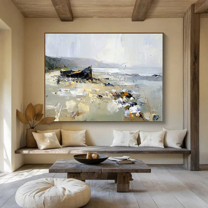 “Beached Boat Impasto Scene” - Browns, Grays, Whites, Boat on Beach - Textured Oil Painting HB1589