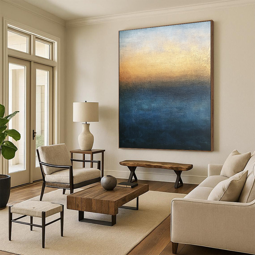Contemporary large abstract painting with minimalist style in blue and brown tones featuring soft edges gradient sky and tranquil sea for serene atmosphere. DLZ0401
