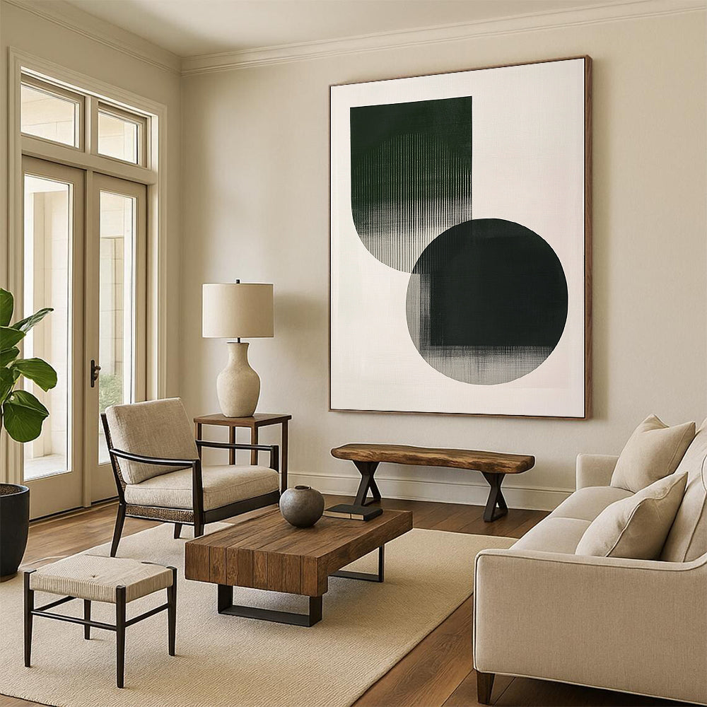 Contemporary abstract art featuring minimalistic shapes in emerald green and grey with delicate strokes on a serene white background. DLZ1621