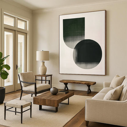 Contemporary abstract art featuring minimalistic shapes in emerald green and grey with delicate strokes on a serene white background. DLZ1621