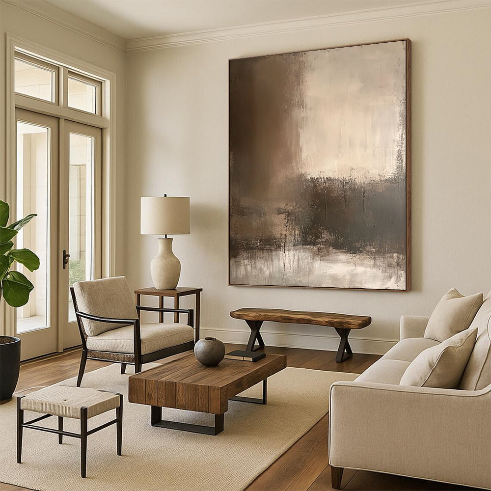 Contemporary abstract artwork featuring earthy tones and textured wall designs perfect for atmospheric backdrops and mixed media applications. DLZ1166