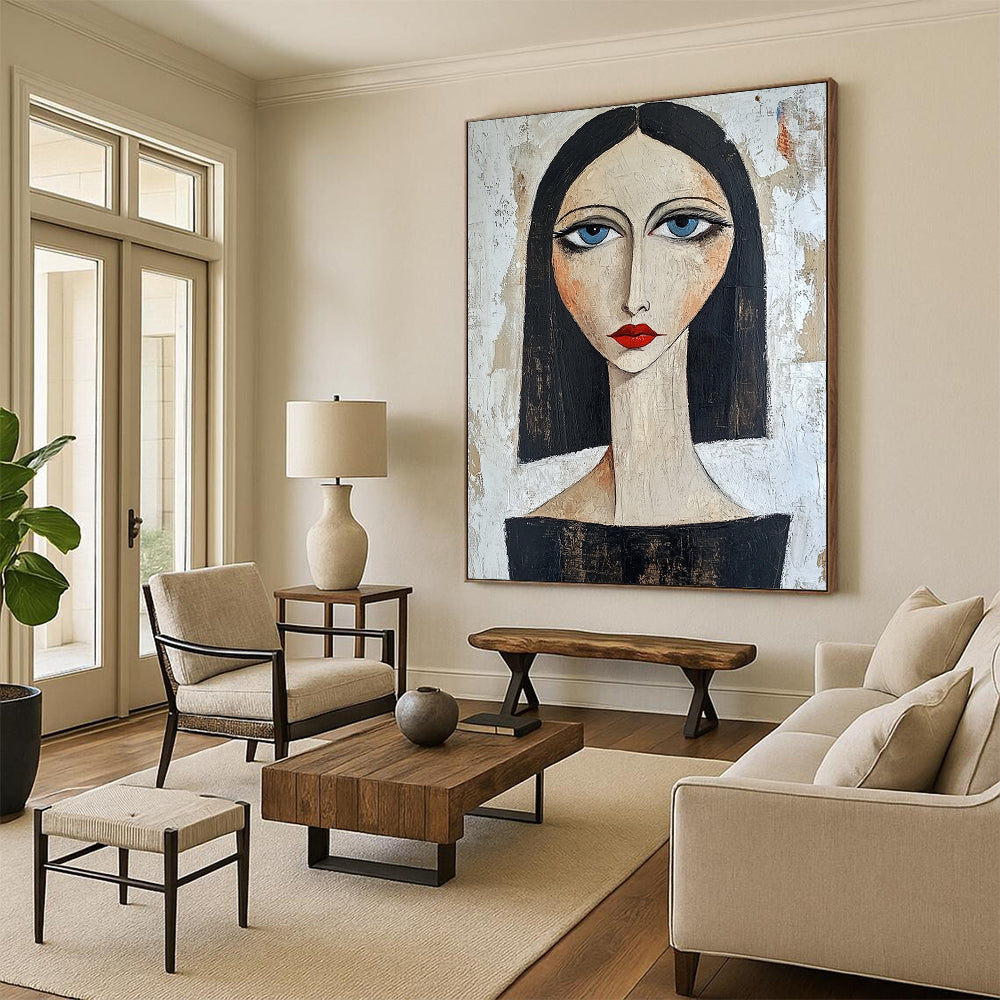 Contemporary hand-painted portrait showcasing confidence with blue eyes and red lips against a textured white backdrop featuring dark hair and a black top. DLZ1442