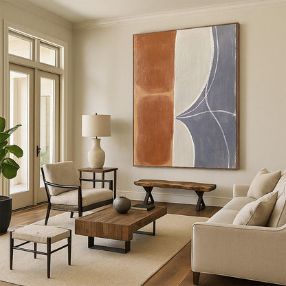 Contemporary abstract painting featuring organic shapes with terracotta brown and gray-blue hues enhanced by thick white lines and soft edges on a light gray background. DLZ0964