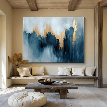 “Teal - Gray Abstract with Gold Peaks” - Teal, Gray, Gold, Mountain - Like Shapes Painting On Canvas HB0827