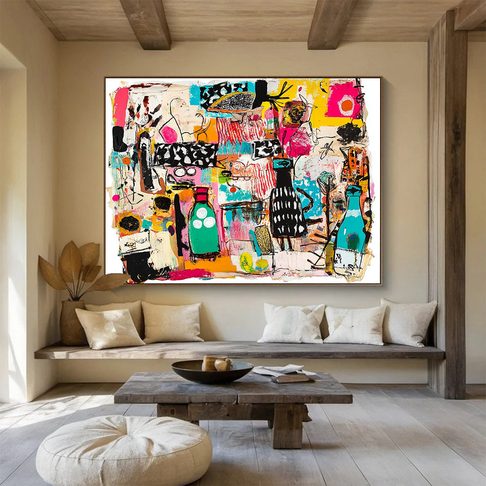 “Colorful Collage Chaos” - Multicolor, Abstract Objects, Collage - like - Mixed Media Painting HB1483