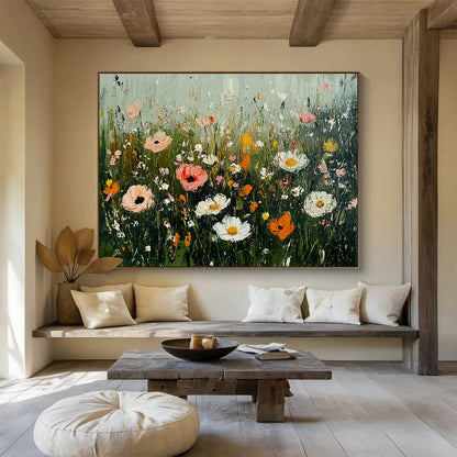 “Wildflower Meadow Impasto” - Colorful wildflowers in pink, white, orange, Impasto Floral Painting On Canvas HB0545