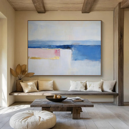 “Soft Horizon” - Blue, Pink, Gold, Minimalist Abstract Landscape Painting On Canvas HB1057