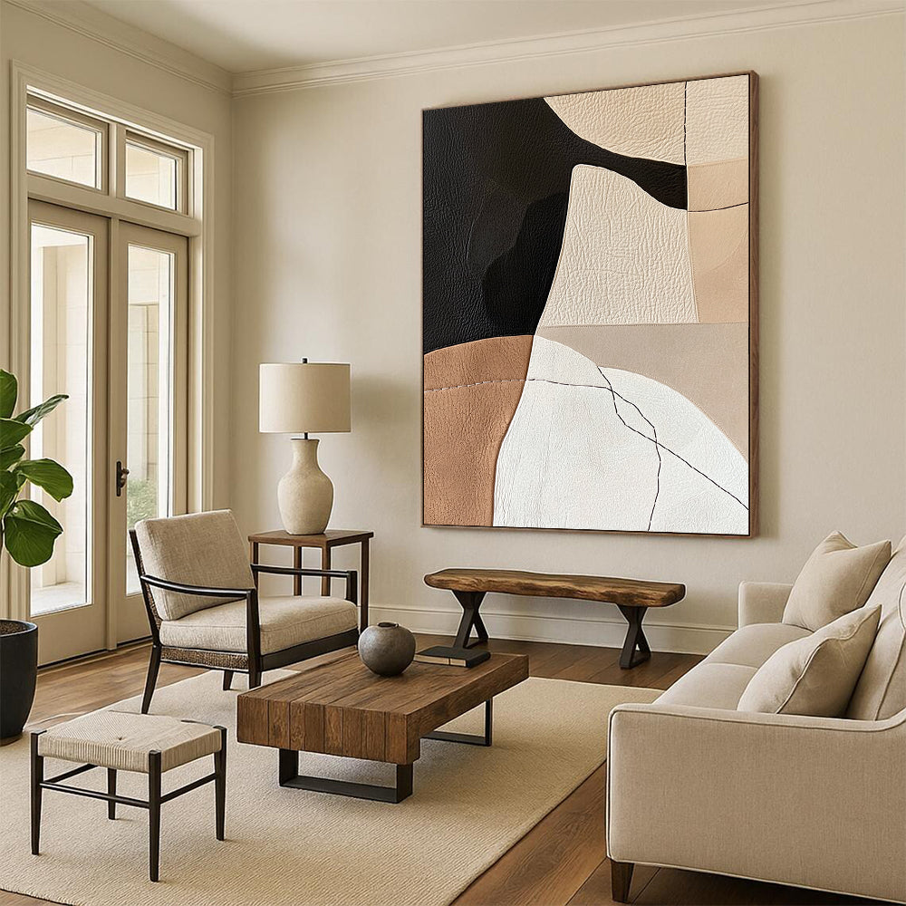 Contemporary abstract artwork with minimalist Japandi design featuring leather and paper collage in neutral earthy tones and feminine hand-stitched details. DLZ1619