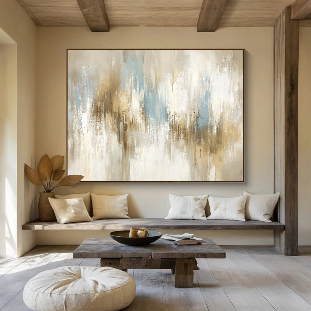 “Soft Neutral Abstract Strokes” - Beige, Gray, Blue, Subtle Abstract Brushstrokes Painting On Canvas HB0967