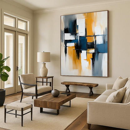 Contemporary hand-painted abstract artwork with bold lines and vibrant blocks of blue, white, gray, and yellow on canvas. DLZ0753