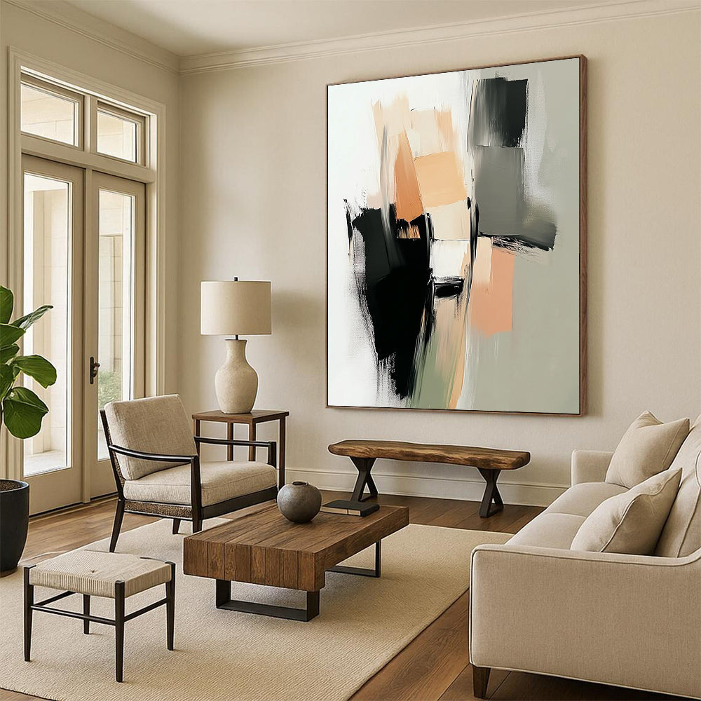 Contemporary hand-painted abstract art featuring thick brushstrokes in neutral tones of beige and black with geometric shapes and soft edges. DLZ0430