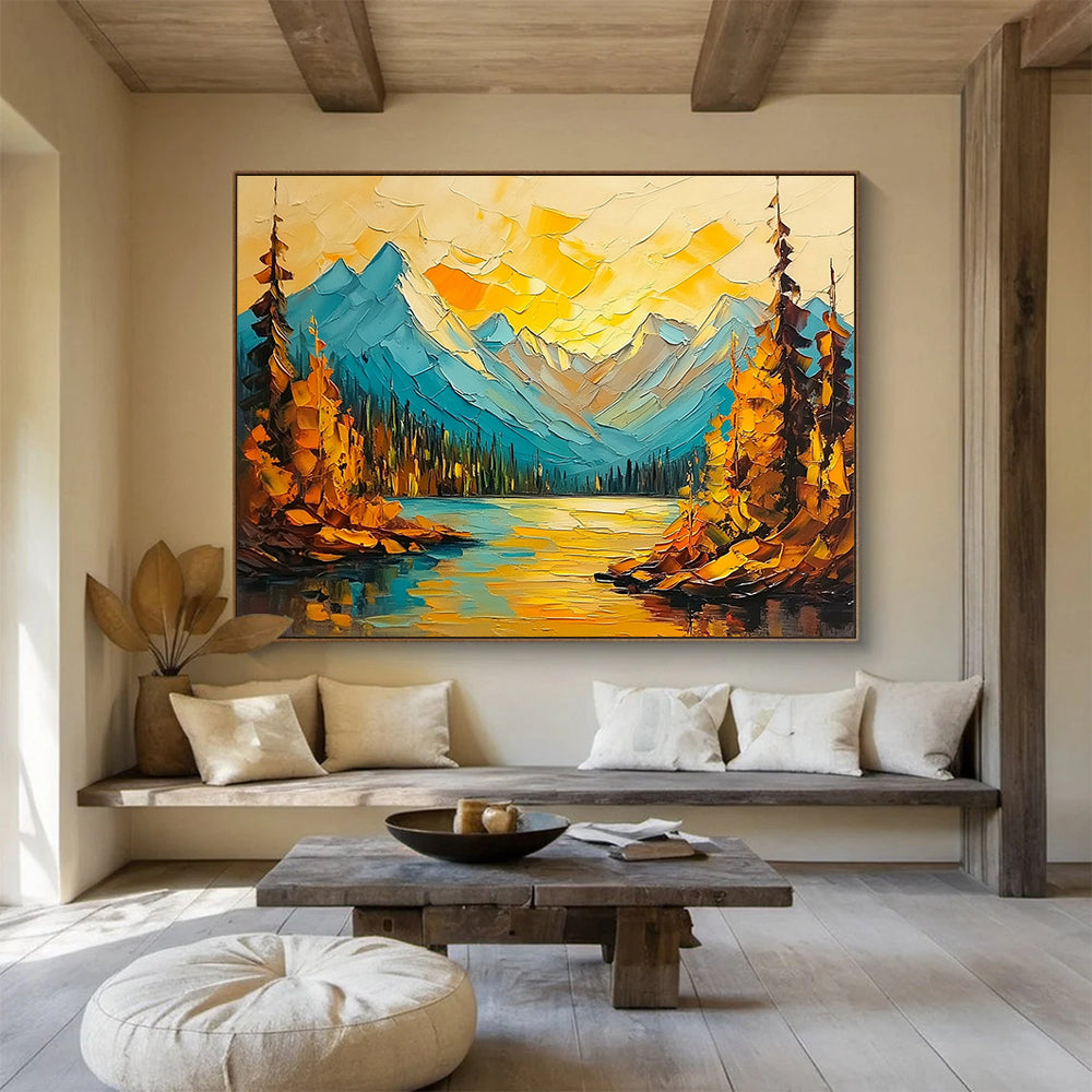 “Colorful Mountain Lake” - Blues, Yellows, Oranges, Mountain Lake with Autumn Trees - Impasto Oil Painting HB1713