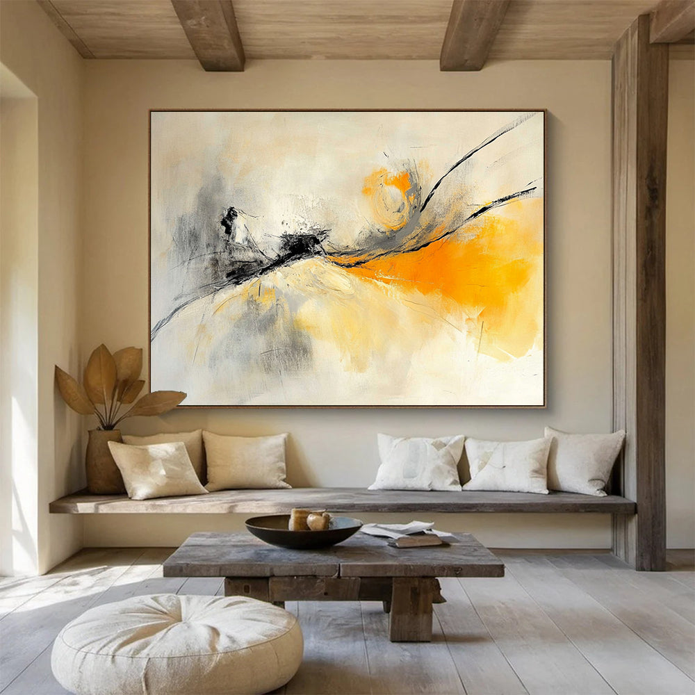 “Ethereal Strokes” - Gray, Yellow, Black, Flowing Lines - Abstract Oil Painting HB1534