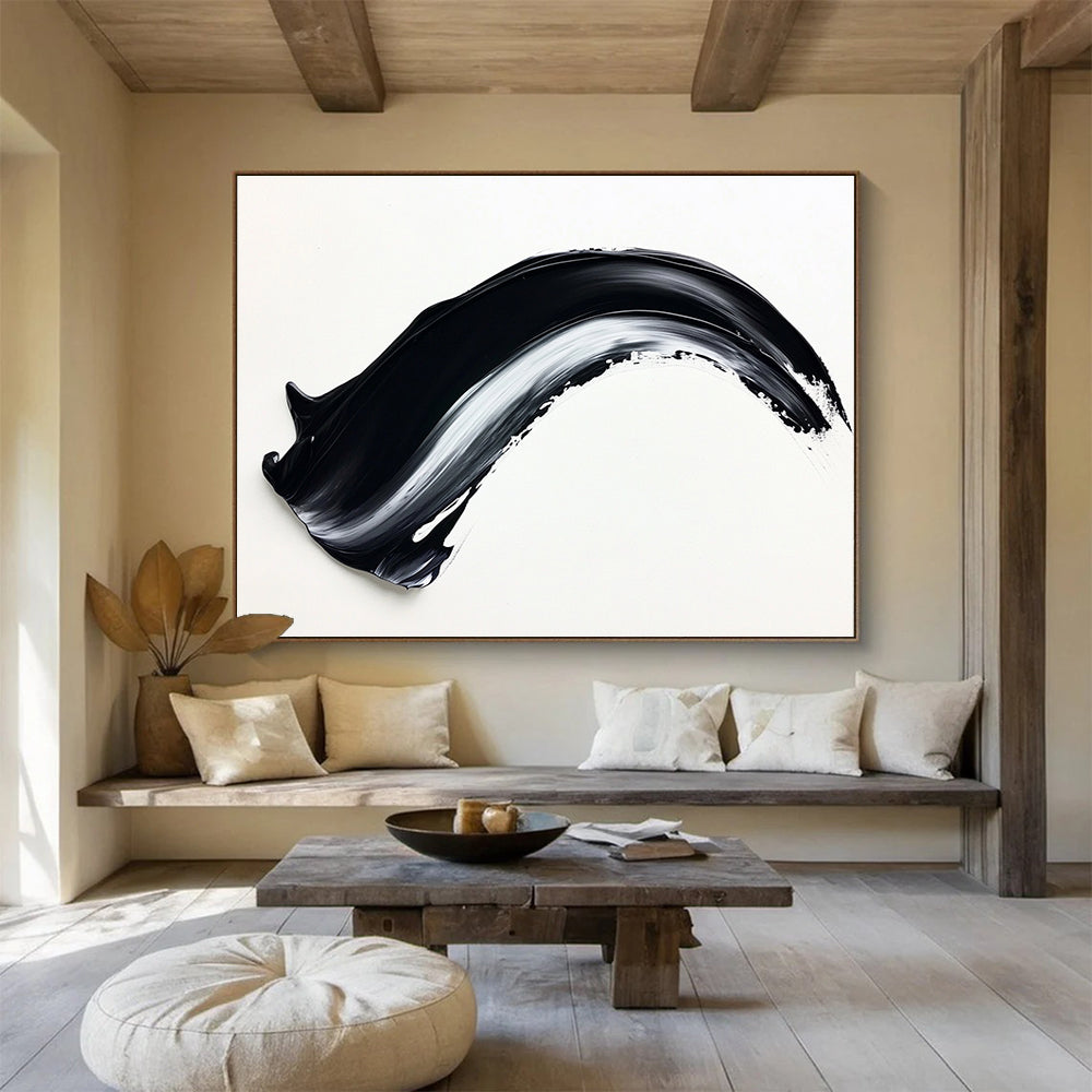 Minimalist Black & White Stroke - Simple Abstract Oil Painting On Canvas HB0480
