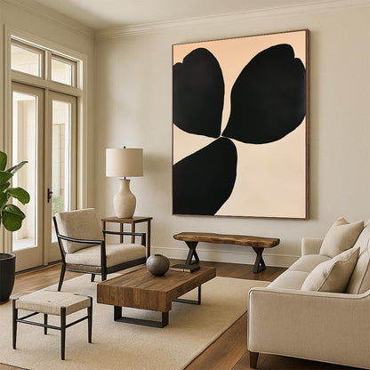Large contemporary abstract painting featuring elegant floral shapes in black and white on an off-white background with subtle color gradients for depth. DLZ1339
