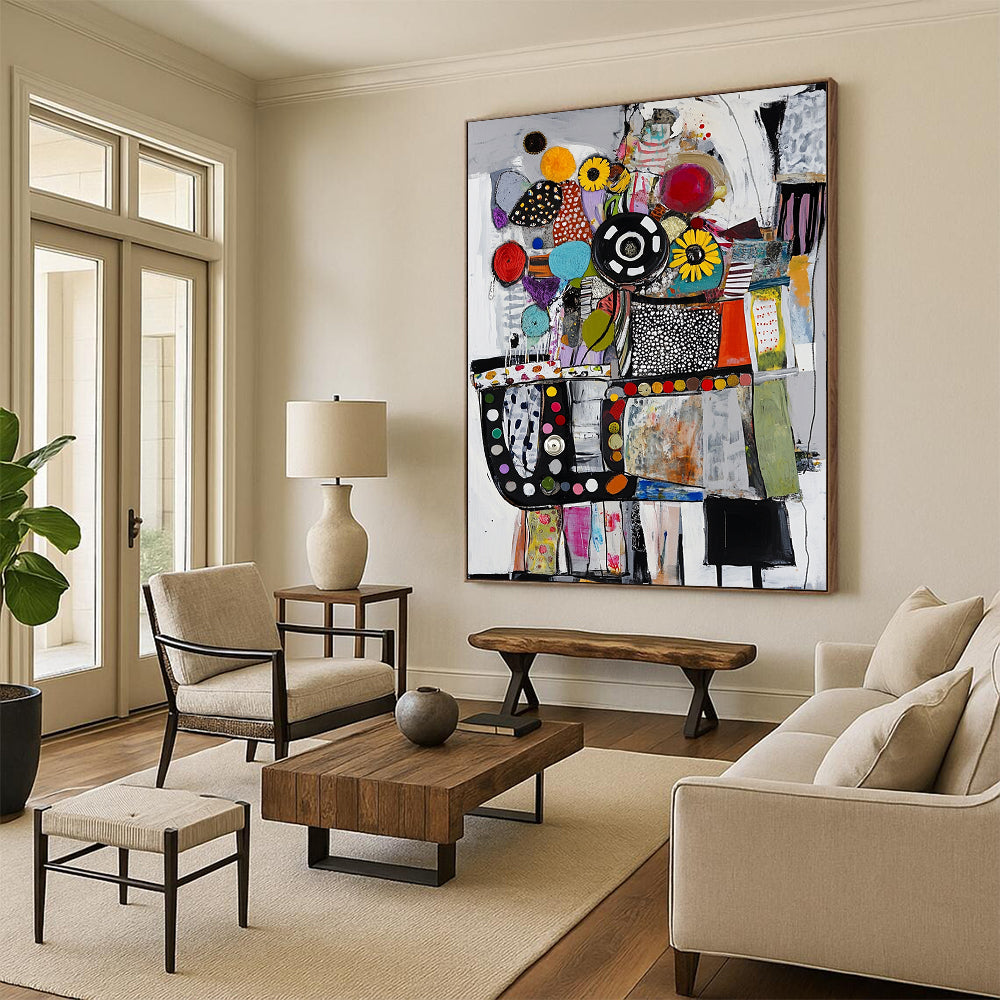 Contemporary abstract painting featuring collage-style car engine crafted from diverse materials in a vibrant palette of colors including black white red and blue. DLZ0953