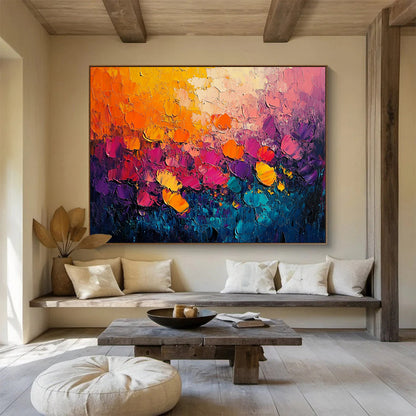 “Blossom Burst” - Vivid oranges, pinks, purples, blue - greens; Thick - textured flower fields; Impasto Landscape Painting On Canvas HB1146