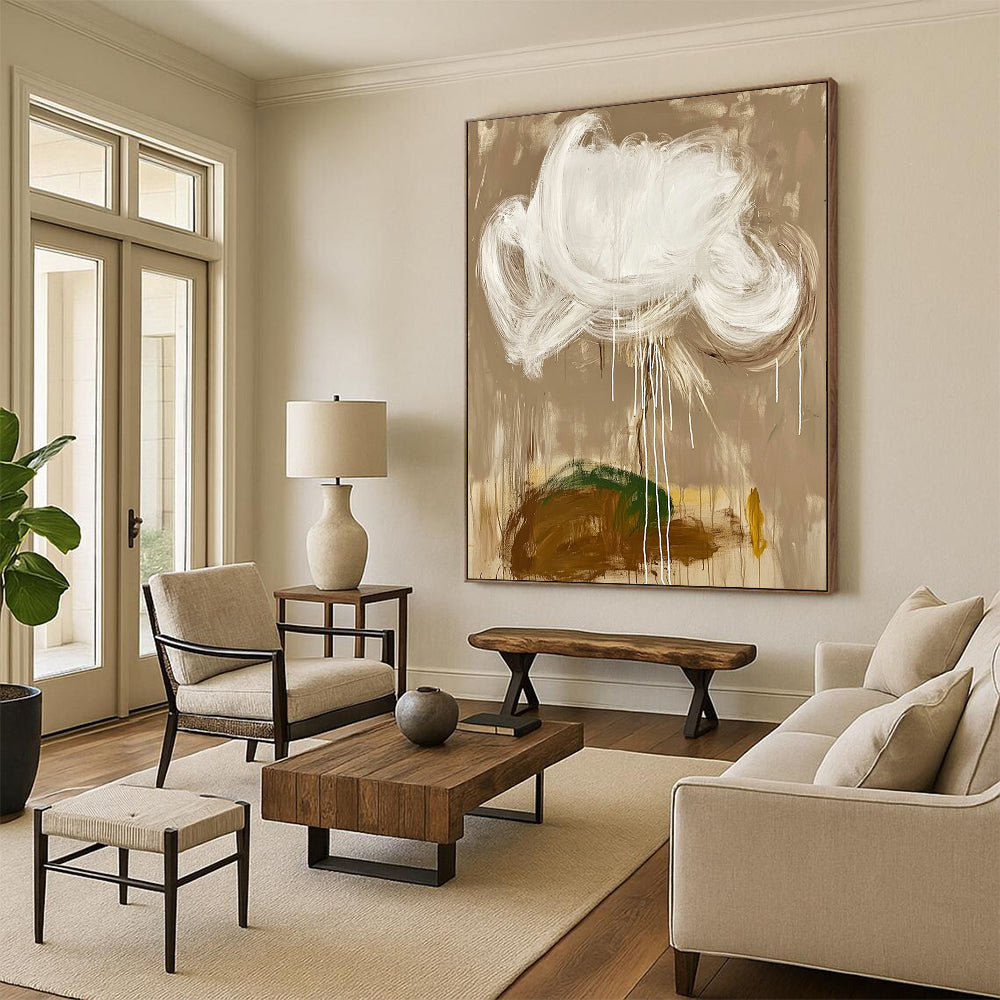 Contemporary hand-painted abstract artwork featuring a white cloud and brown earth on a beige background with white brush strokes and green details. DLZ0607